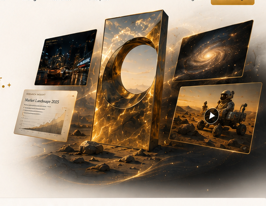 Golden portal with cinematic idea cards for research, image creation and storytelling