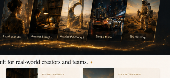 A sequence of golden-framed creative artifacts moving from idea to finished scene