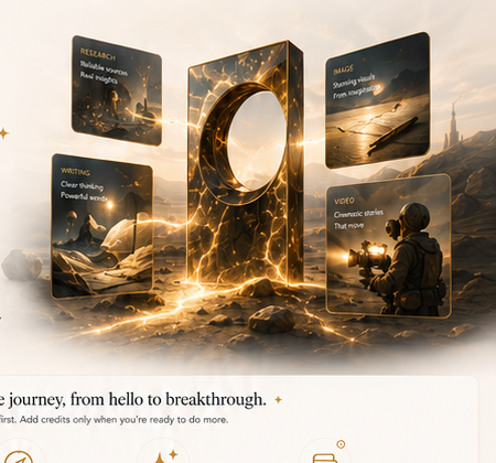 AI Artifacts portal surrounded by research, writing, image and video idea cards