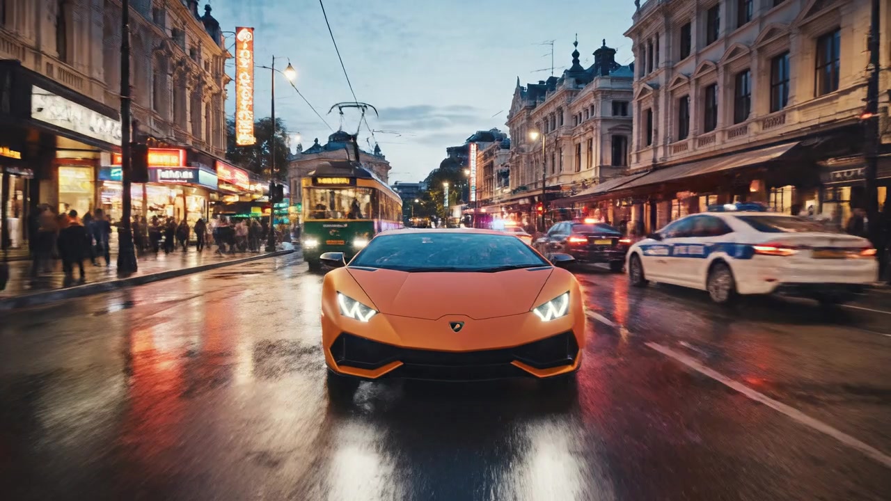 Start keyframe: an orange supercar on a wet night street